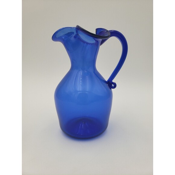 Vintage Hand Blown Cobalt Blue Glass Pitcher Or Ewer 6" Ruffled Lip Shelton? - Picture 1 of 13